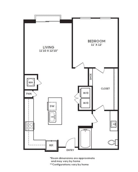 Floor plan for 1 bed, 1 bath, 780 sqft